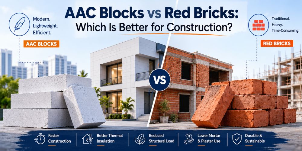 AAC Blocks vs Red Bricks comparison showing lightweight AAC blocks and traditional red bricks at a construction site, highlighting differences in weight, insulation, construction speed, and durability.